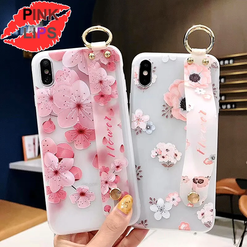 

PINK LIPS Flower Case For iPhone X XR XS Max 3D Relief Floral For iPhone X 8 7 6 6S Plus 5 5s SE With Wristband Soft Phone cover