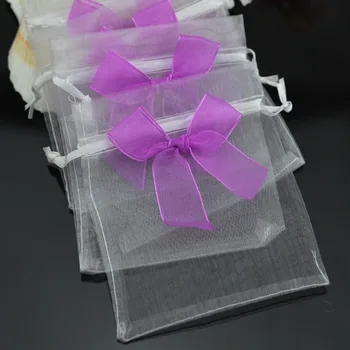 

100Pcs Organza Purple Bow Drawstring Pouch Jewelry Packing Bag 10x12cm,New Year Christmas Wedding Party Favor Organza Gift Bag
