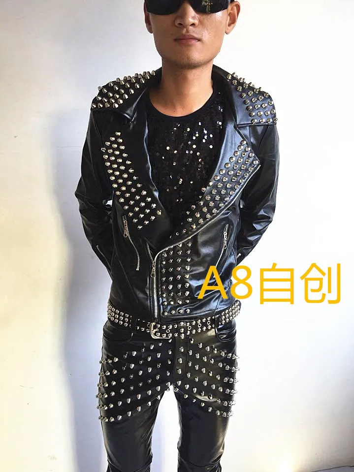 Мужской костюм певицы Zhilong из кожи с заклепками в стиле панк рок|men leather jacket|leather