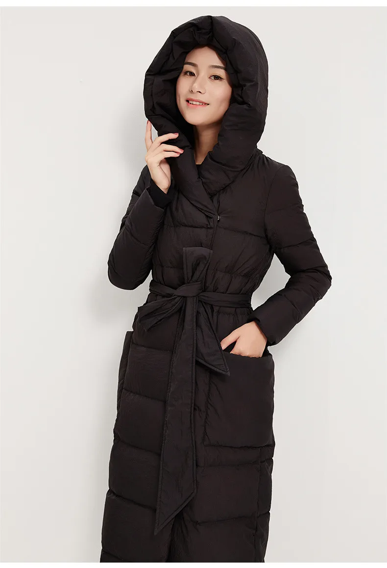 Большой капюшон, пуховик, пальто, длинное женское пуховое пальто, теплое зимнее пуховое пальто с поясом на талии