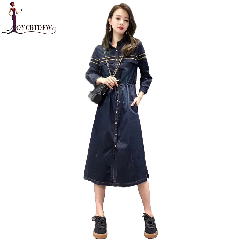 Primavera Blue Vestiti Maniche Delle Lunghe Era 2018 Lungo Di Denim Xy30 Femminile Dark Vestito Temperamento Sottile Monopetto Donne A Nuovo Medio AARWxqdrw