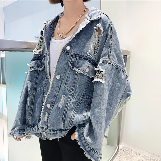 2018 Fall Fashion Ripped Hole Jean Jacket Womens Loose Casual Denim Coat Harajuku Streetwear Long Sleeve Denim Jacket ZURICHOUSE 1