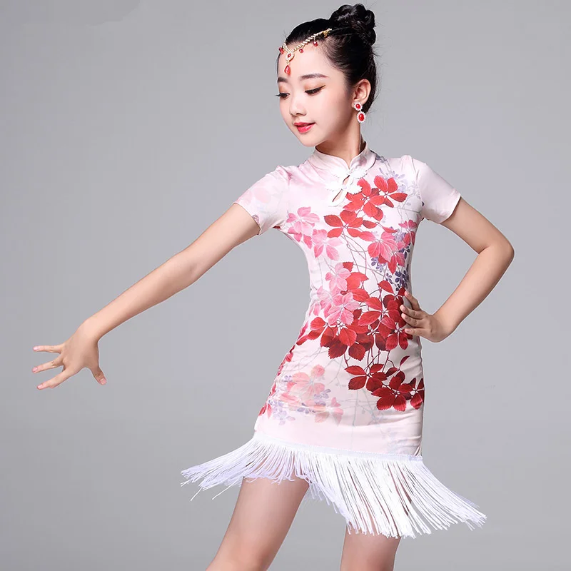 Fashion-short-sleeve-Flower-print-tassel-Latin-dance-one-piece-dresses-for-girl-children-ballroom-Chinese (1)