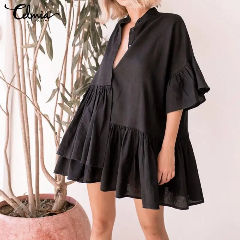 

Women Summer Ruffle Mini Dress 2019 Celmia Sexy V-neck Casual Irregular Pleated Shirt Dress Party Beach Vestidos Mujer Plus Size