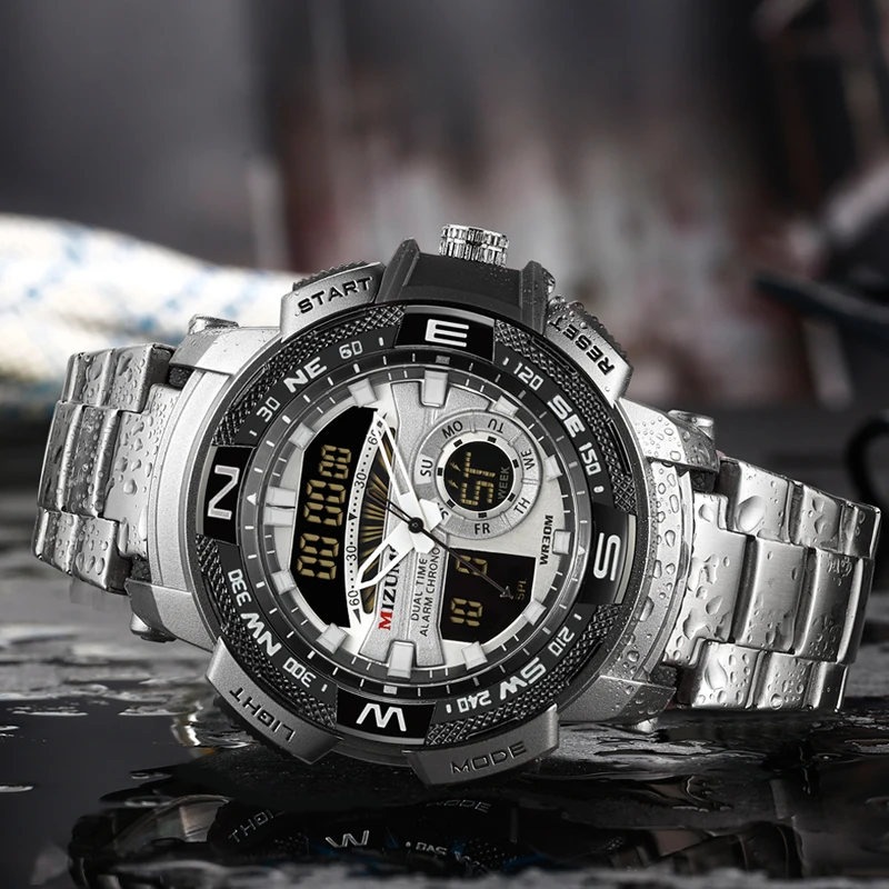 cool big case golden steel band bracelet quartz watches for men led digtial sports watches mens wristwatches dual time zones military style clock man free shipping (33)