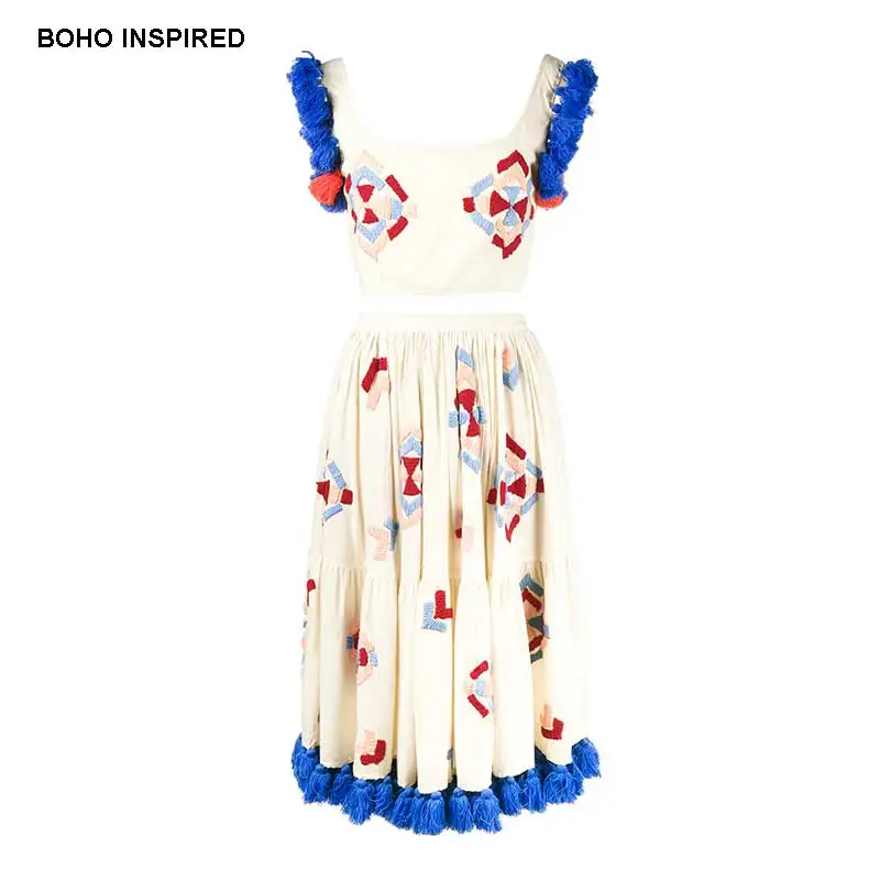 Богемный Вдохновленный комплект из 2 предметов, женское платье с бахромой, разноцветное платье с вышивкой, белое хлопковое летнее платье для женщин vestidos