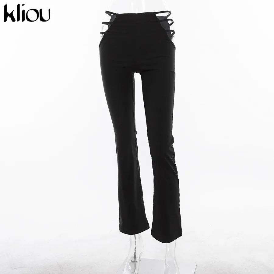 Kliou женские сексуальные брюки-клеш с высокой талией и вырезами, новинка, модные однотонные черные женские Повседневные Вечерние Клубные брюки