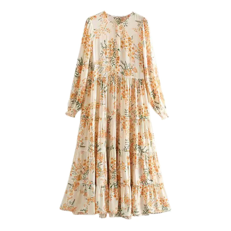 

Women Sweet Floral Print Patchwork Midi Dress Long Sleeve Female Casual Mid Calf Dresses FFZYQ334