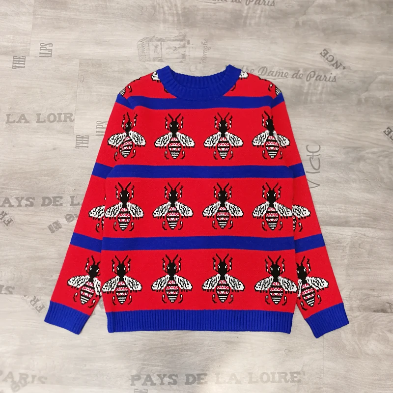 

Luxury Designer Brand Knitted Sweater for Women Bee Jacquard Stitching Color Stripes Loose Knitted Pullover Sweater