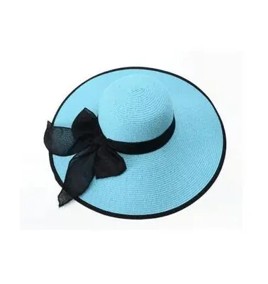 Элегантная большая широкополая шляпа с кантом, женская шляпа от солнца с черным бантом, пляжная шляпа с лентой, складная летняя кепка с защитой от ультрафиолета для путешествий, повседневная женская шляпа - Цвет: sky blue