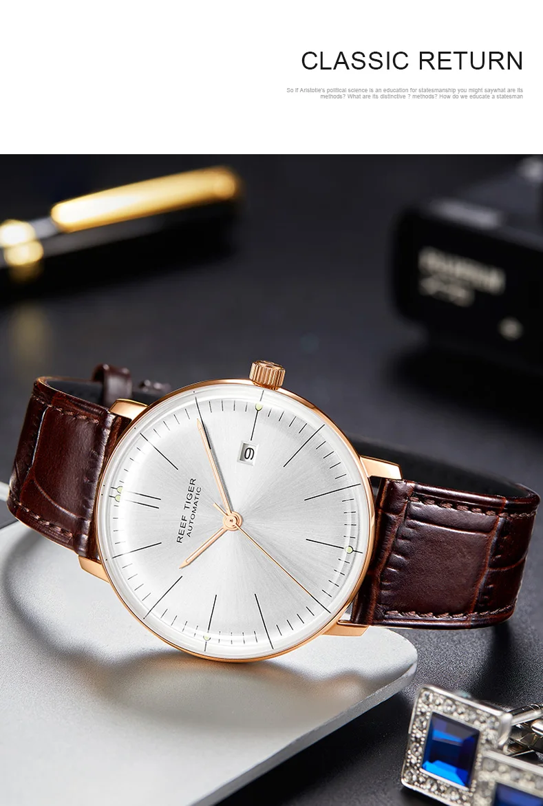 Риф Тигр/РТ Топ группа роскошные часы для мужчин коричневый кожаный ремешок Розовое золото автоматические часы Montre Homme Часы RGA8215
