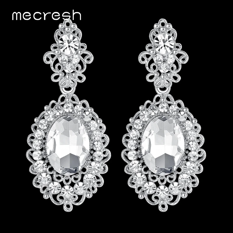 

Mecresh Vintage Bridal Earrings for Women Silver Color Teardrop Crystal Rhinestone Big Wedding Hanging Brincos Jewelry EH244