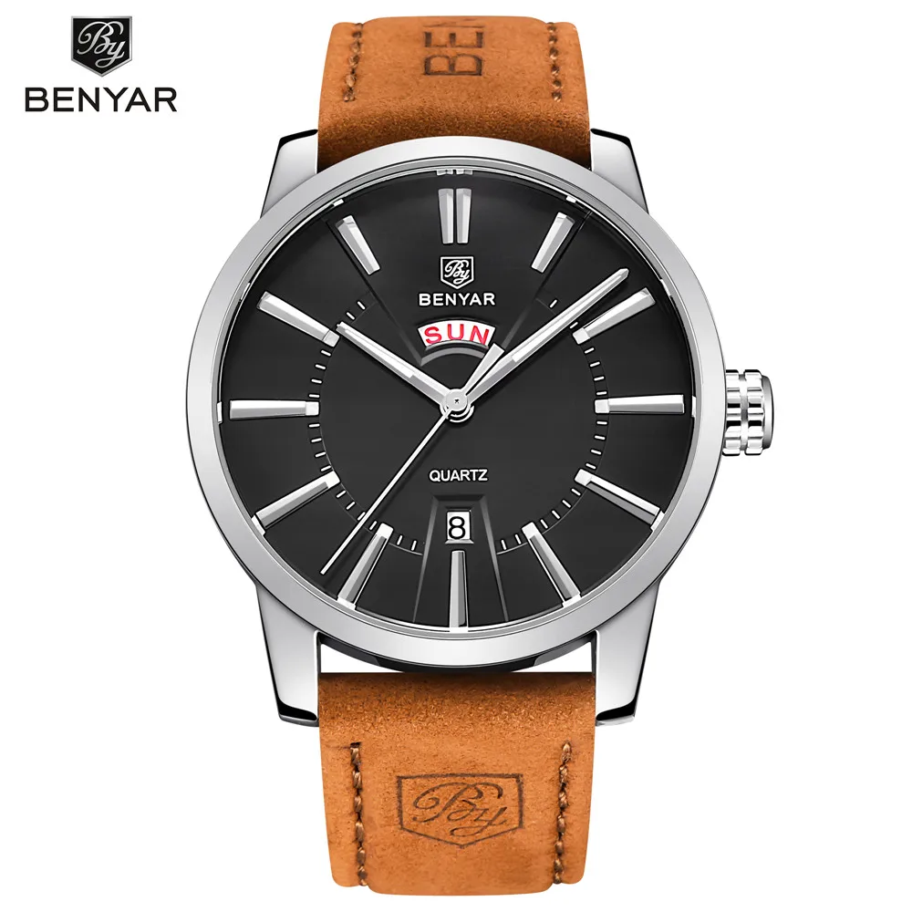 Relogio Masculino BENYAR люксовый бренд аналоговый дисплей Дата Мужские кварцевые часы 30 м водонепроницаемый ремешок из натуральной кожи повседневные часы - Цвет: L silver black B