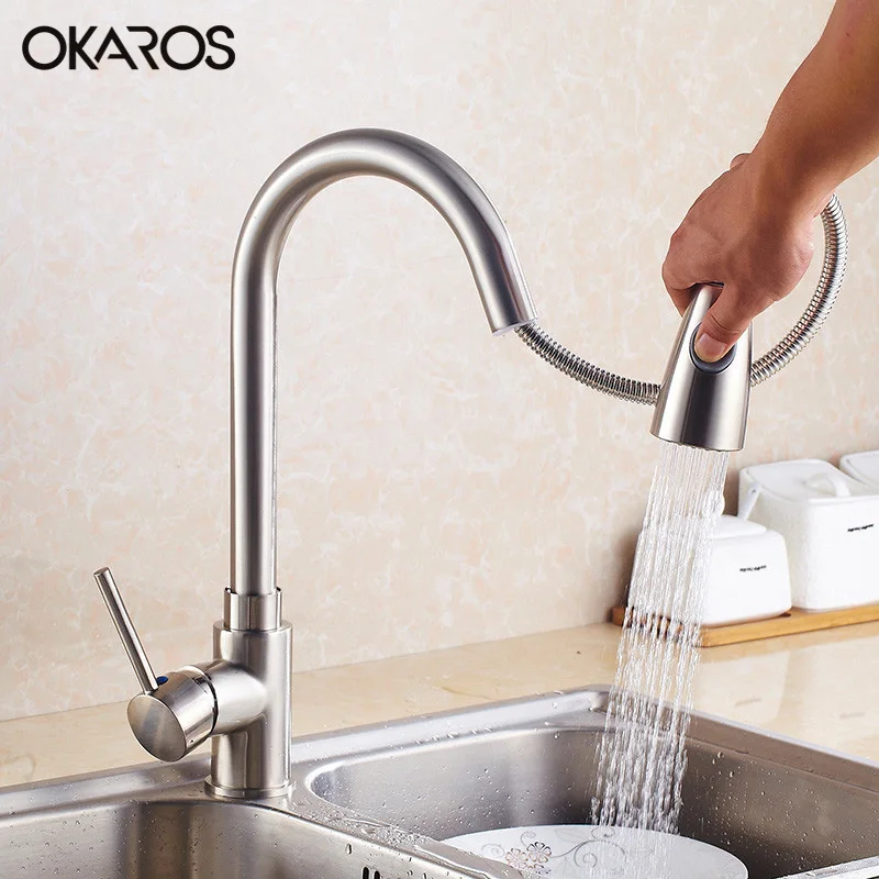 OKAROS Pull Out Down Kitchen Flexible Faucet Brass Nickle Brush Black
