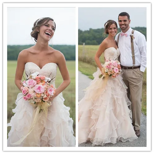 Blush Pink Country Wedding Dresses With Ruffles Sweetheart Lace