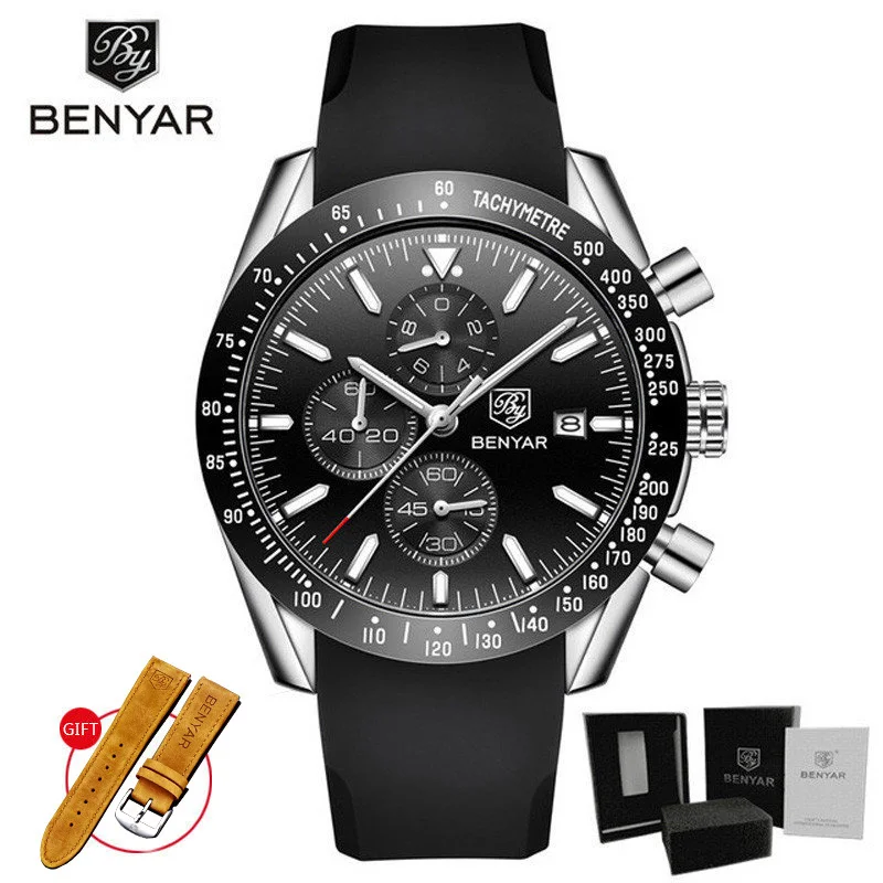 Мужские наручные часы s BENYAR, кварцевые часы с хронографом, Relogio Masculino, новинка, Топ бренд, Роскошные военные часы с силиконовым ремешком - Цвет: Silver Black