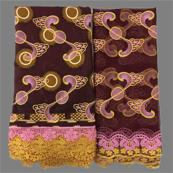 

Latest African embroidery ankara wax fabric and 2yards French tulle net lace decorated with cord lace WNL16(6y+2y)