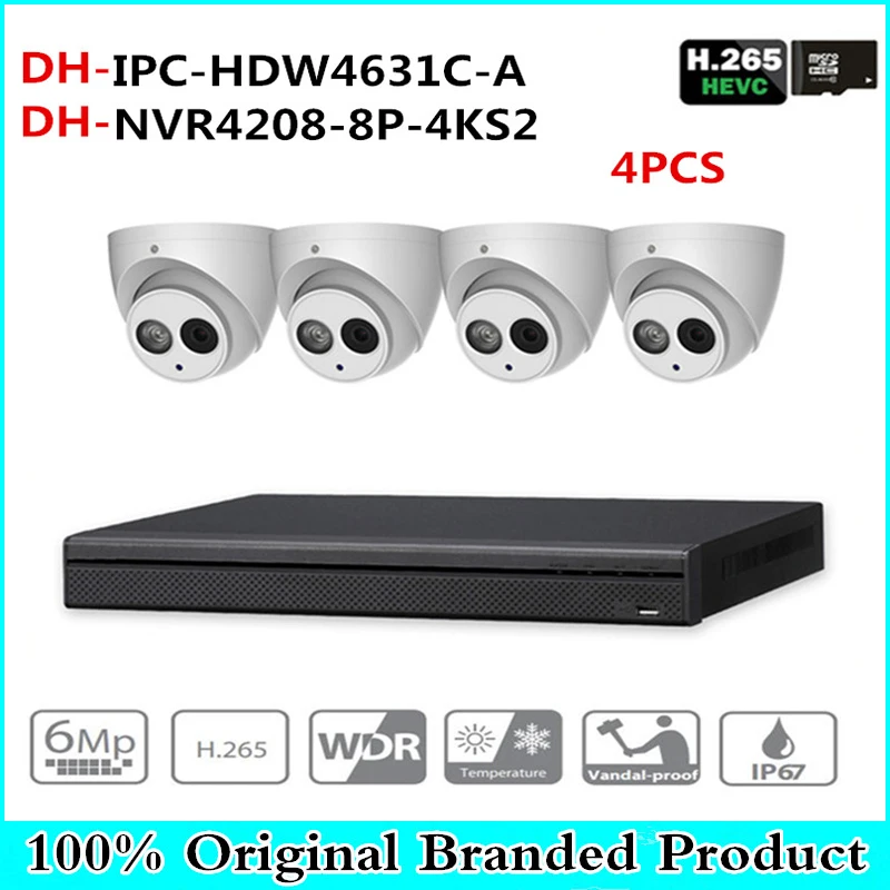 

DH original Security CCTV System 4pcs 6MP IP camera IPC-HDW4631C-A & 8POE 4K NVR NVR4208-8P-4KS2 Surveillance Security System