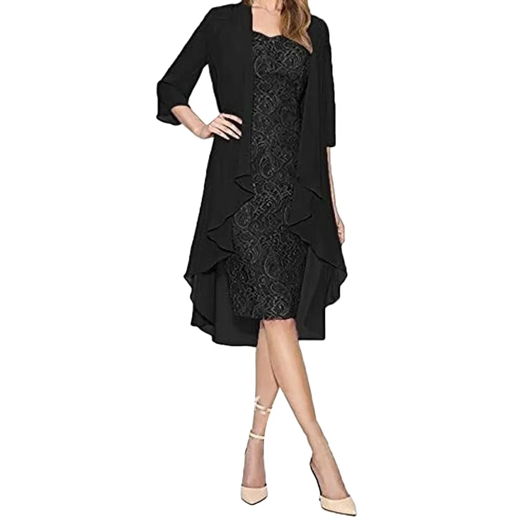 

Fashion Women Dress Two-piece Chiffon Cardigan Sexy Lace Dress Loose Elegant Black Dresses Seummer Beach Sexy Club Dresses Robe