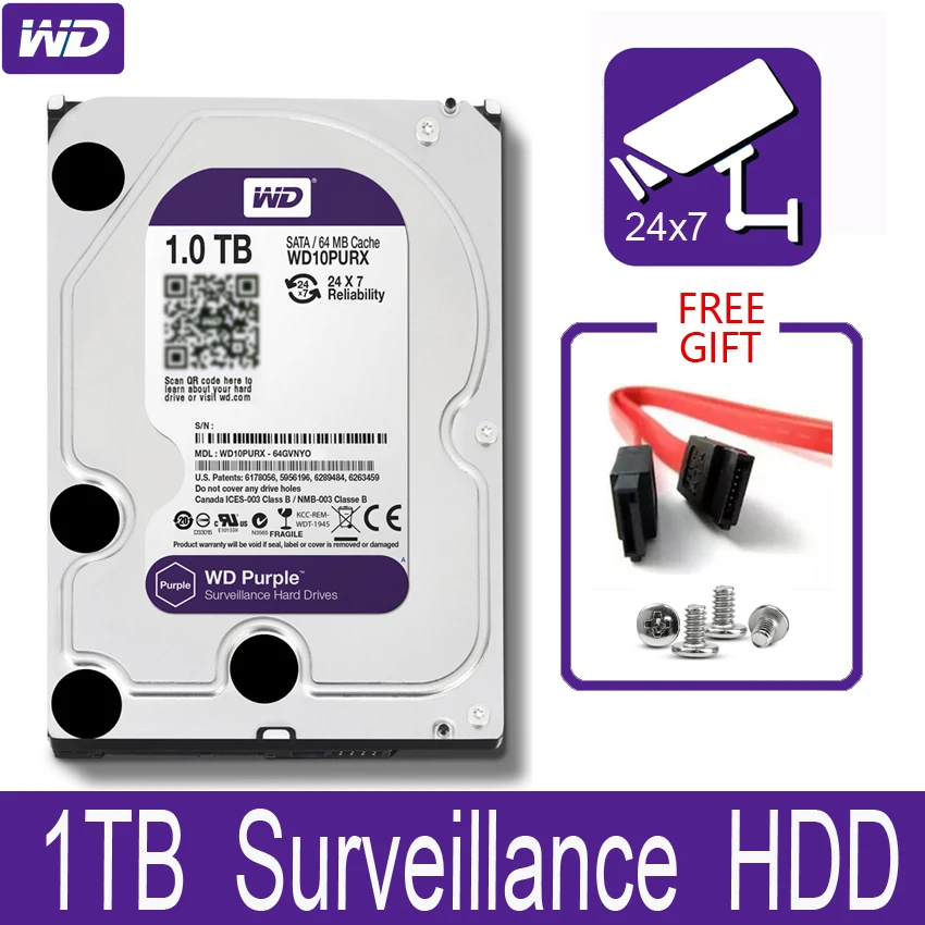 Внутренний жесткий диск WD Purple, 1 ТБ, для системы видеонаблюдения, 3,5 дюйма, 64 Мб кэш памяти, SATA III, 6 ГБ/сек. 1T, 1000 Гб HDD, жесткий диск HD для видеорегистратора и видеорегистратора| | | АлиЭкспресс
