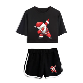 

Gym Clothing Christmas Santa Claus Pop Print Shorts And Tee Women Two Piece Sets Crop Top Casual Clothes