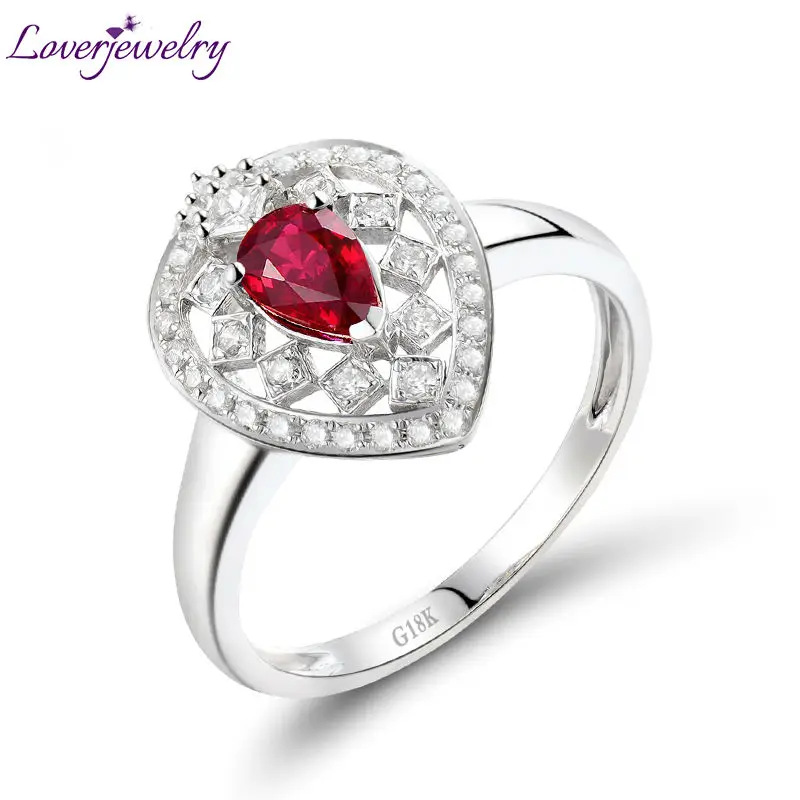 

Amazing Diamond Jewelry Pear 4X6mm Romantic Ruby Ring Solid 18kt White Gold Loving Wholesale Christmas Fine Jewelry Gift WU291