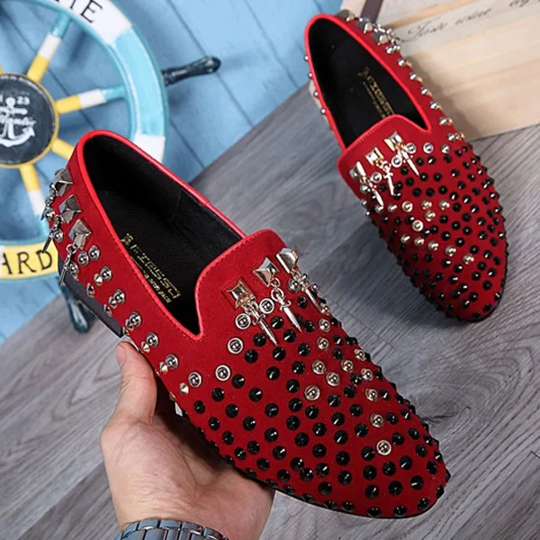 2017 top quality red color suede men's dress spiked shoes male loafer ...