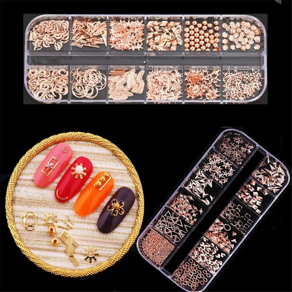 

12 Grids Mix Nail Rivets Bar Punk Nails Chain Copper Beads Metallic Jewelry Manicure DIY Tips 3D Nail Art Decorations