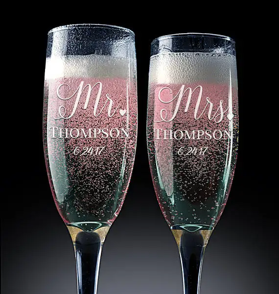 Set of 2 Personalized Mr. Mrs. Wedding Champagne Flutes Custom
