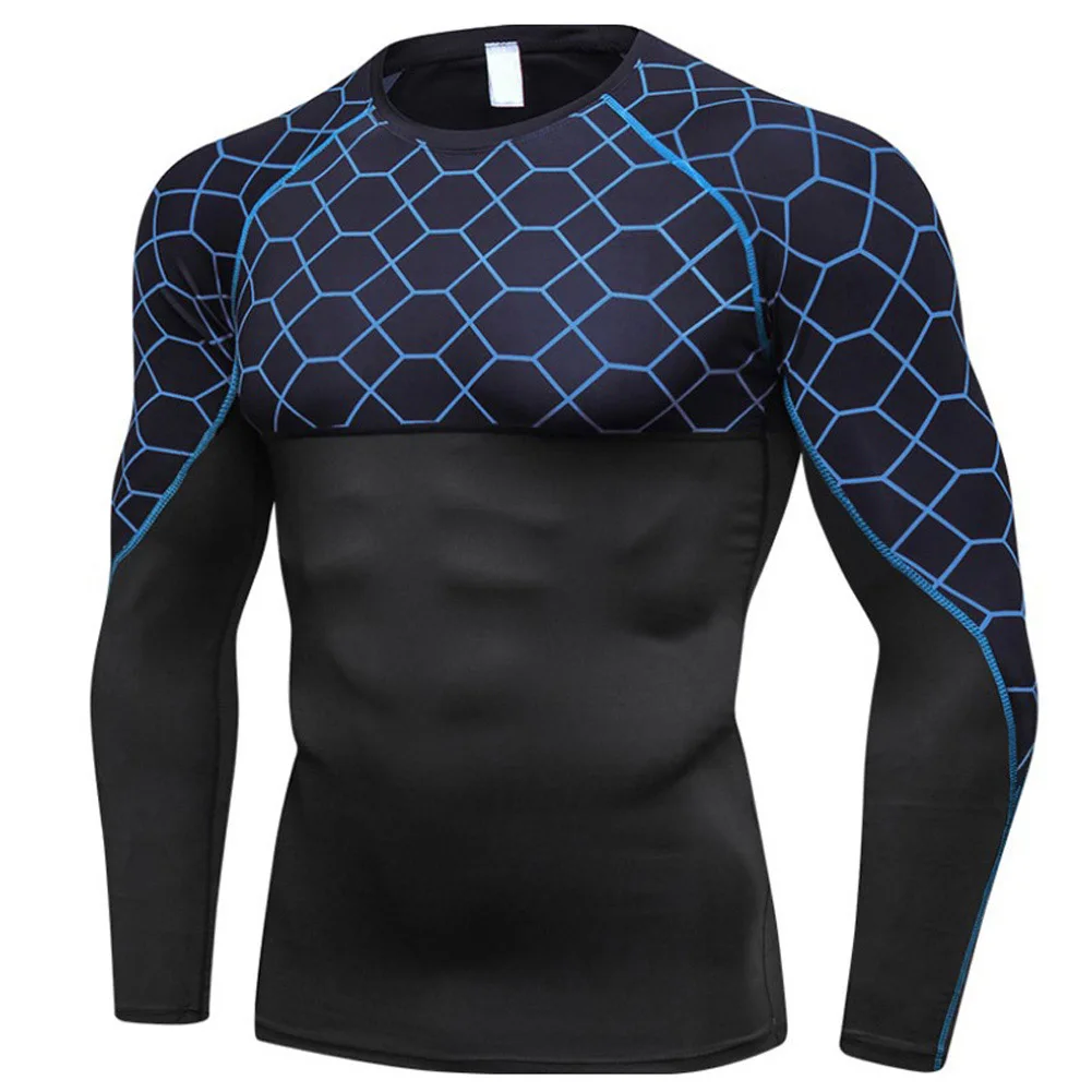 Мужская быстросохнущая облегающая дышащая спортивная рубашка с принтом и длинным рукавом с круглым вырезом MC889 - Цвет: Синий