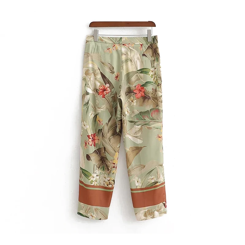 

Poplin Women Stain Pants 2019 Spring-Summer Ladies Floral Print Straight Trousers High Waist Green Pants pantalon femme clothes