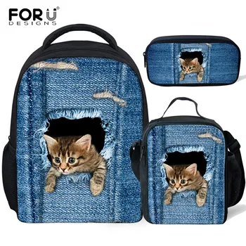 

FORUDESIGNS 3Pcs/set Denim Cat Kids School Bags for Girls Kindergarten Preschool Toddler Backpack Children Small 12 inch Mochila