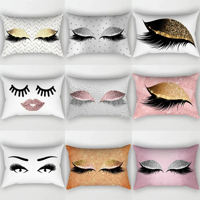EYELASHES AND GLITTER LIPS PILLOW CASE SOFA HOME DECOR COTTON CUSHION COVER GIFT 