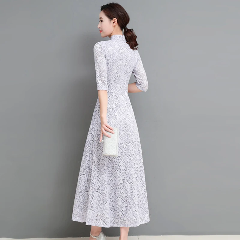 2019 летнее платье пачка для женщин с кружевной отделкой и длинными Cheongsam модные
