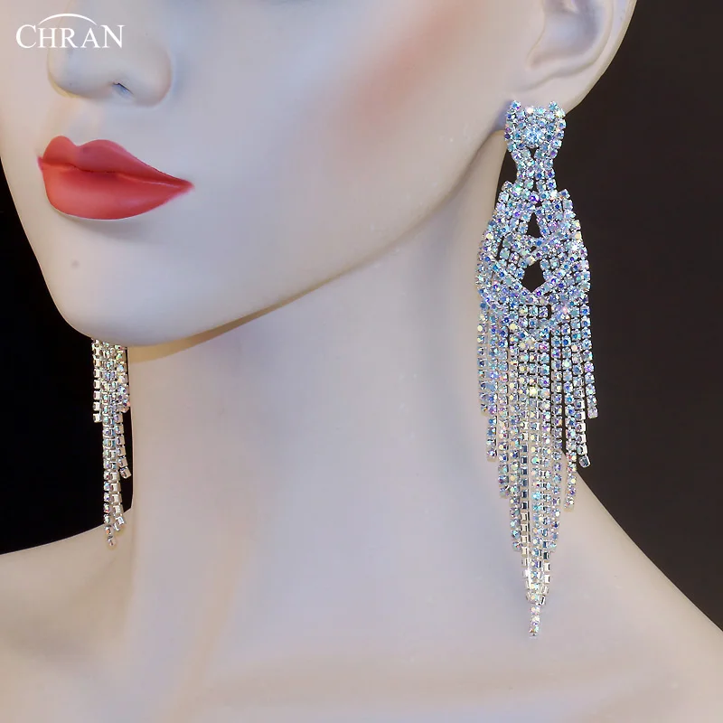 CHRAN Silver Full Rhinestone Earrings for Women Elegant Long Tassel Crystal Eardrop Festival Wedding Jewelry