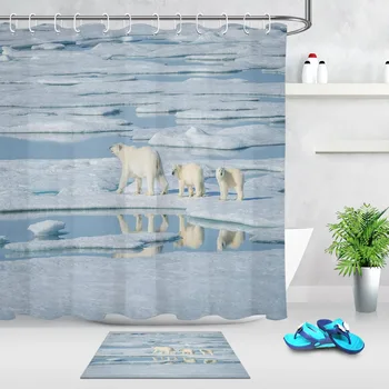 

LB Polar Bear Walking on the Glacier Shower Curtains Bathroom Curtain Mat Set Nature Scenic Waterproof Fabric For Bathtub Decor