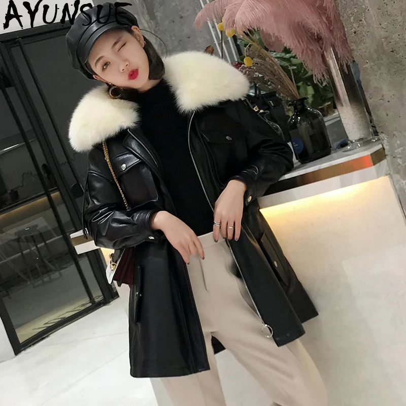 

AYUNSUE 100% real Sheepskin Coat Female Fox Fur Collar Korean Down Jackets 2019 Winter Jacket Women genuine Leather Jacket MY