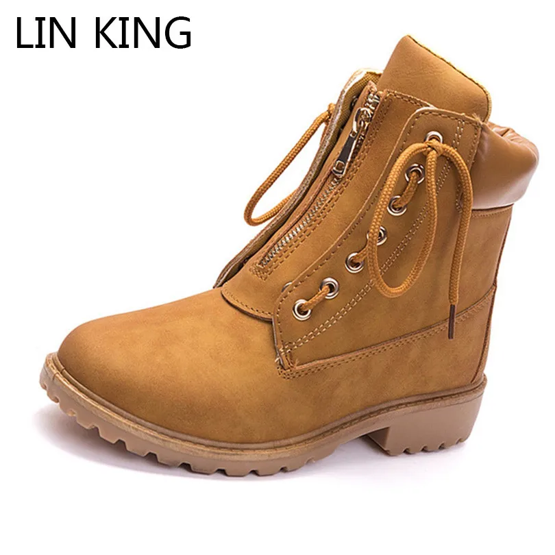 

LIN KING Retro Lace Up Women Boots Square Heel Short Boots Ladies Martin Boots Soild Platform Ankle Shoes Punk Work Safety Botas