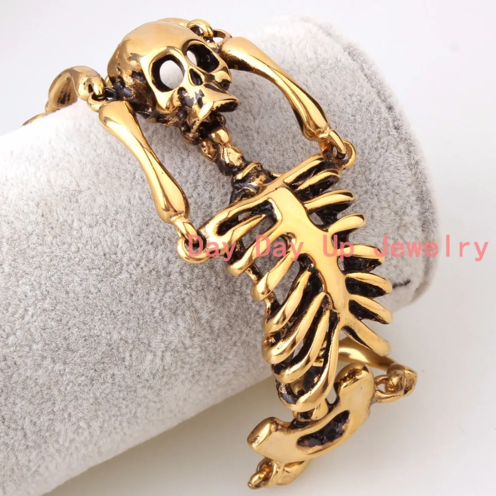 

High polishing 316L Stainless Steel Gold Tone Skull Skeleton Chain Biker Jewelry Mens Boys Bracelet 8.26Inch