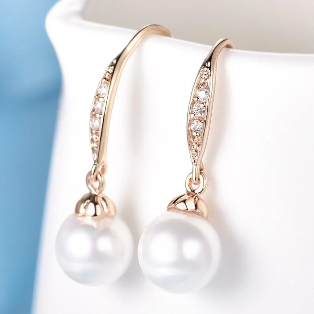 

Womens Gold Filled Beaded Round Pearl stone Hook Dangle Earrings