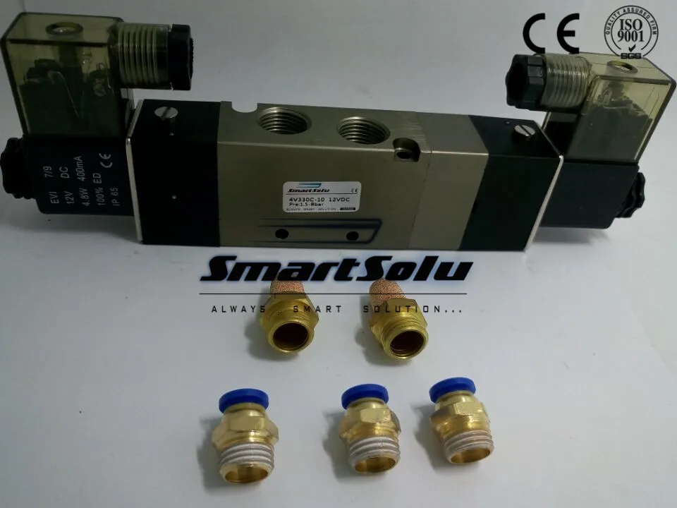 Электромагнитный клапан 4V330C-10 двойная катушка 3/" BSP AC220V 5/3 способ регулирующий клапан с фитингами и глушители