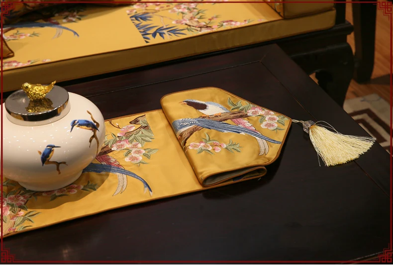 Китайский стиль роскошный настольная дорожка вышитый цветок птица Классическая скатерть длинные коврики для Свадебная вечеринка Декор