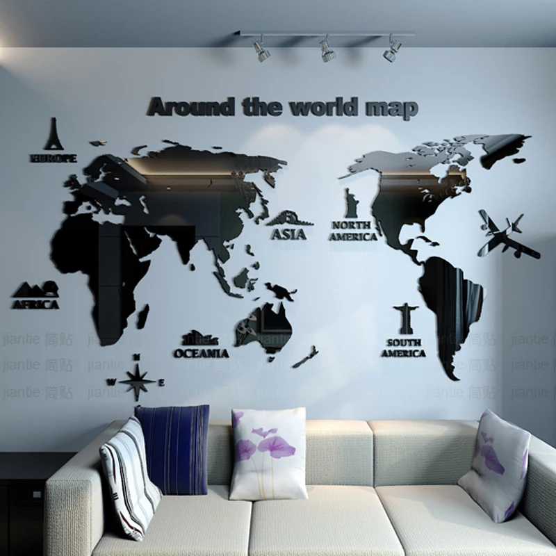Baratos Llegada de un nuevo mapa del mundo de espejo de acrílico etiqueta de la pared creativa Oficina hogar bricolaje arte de pared decoración salón decoración dormitorio Decoración