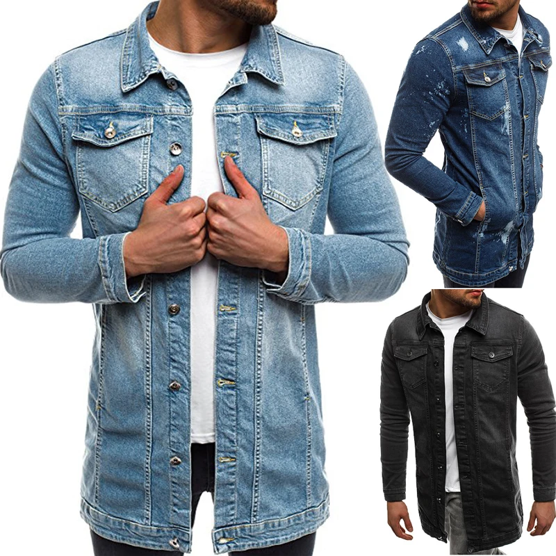 2018 New Autumn Winter denim jacket Medium and long section men fashion Slim Casual streetwear jeans jacket cotton men coat bule