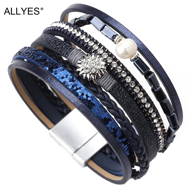 

ALLYES Braided Leather Bracelets For Women Boho Crystal Flower Metal Charm Pearl Multilayer Wide Wrap Bracelet Female Jewelry