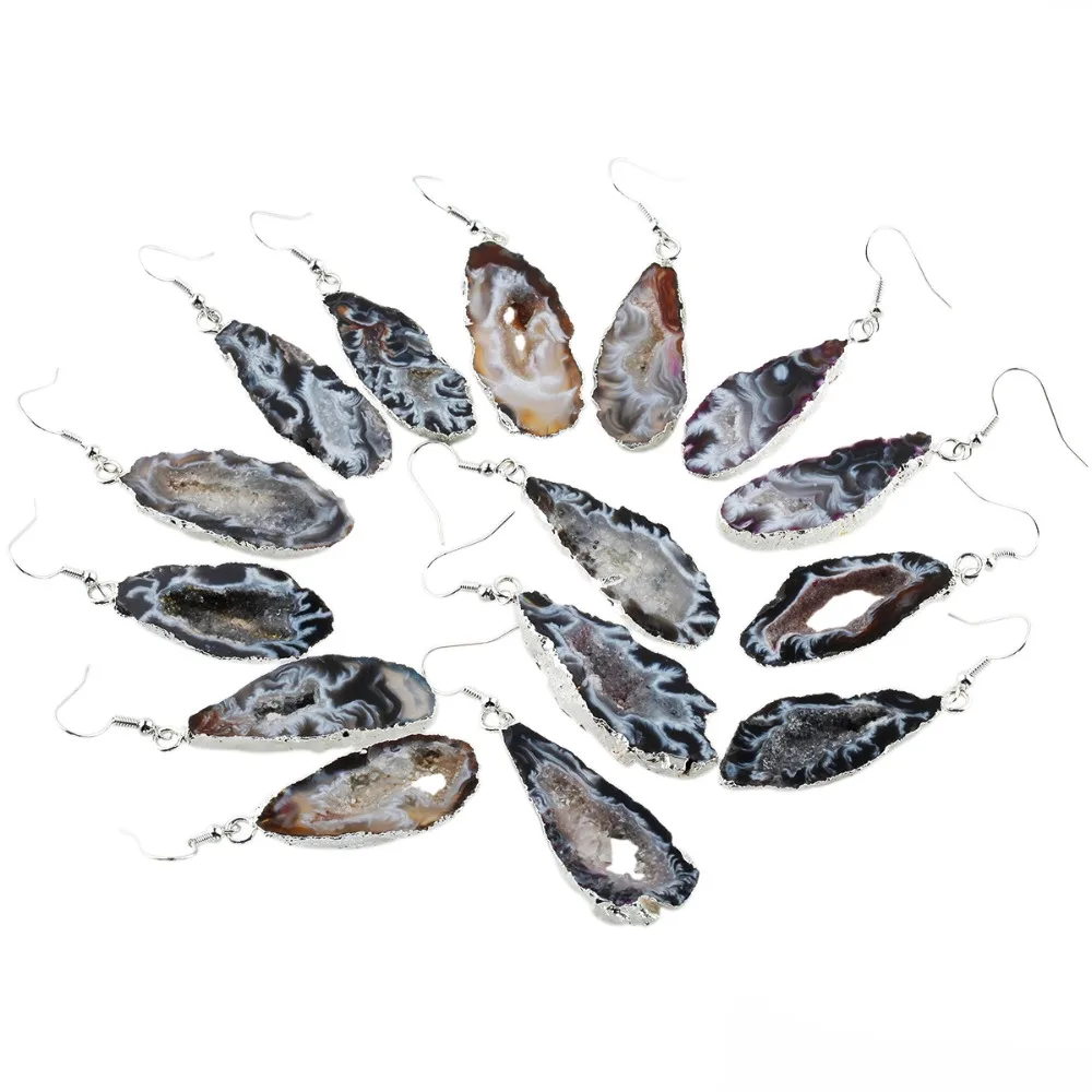 TUMBEELLUWA Freeform Irregular Natural Agate Quartz Geode Druzy Slice Drop Dangle Hook Earrings Trendy Women Jewelry Fashion