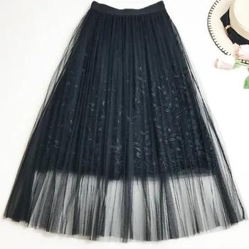 

Casual Floral Embroidery Fresh Mesh Pleated Skirts Womens High Waist Long Female Summer Skirt 2018 New Fashion Trend Lady Skirt