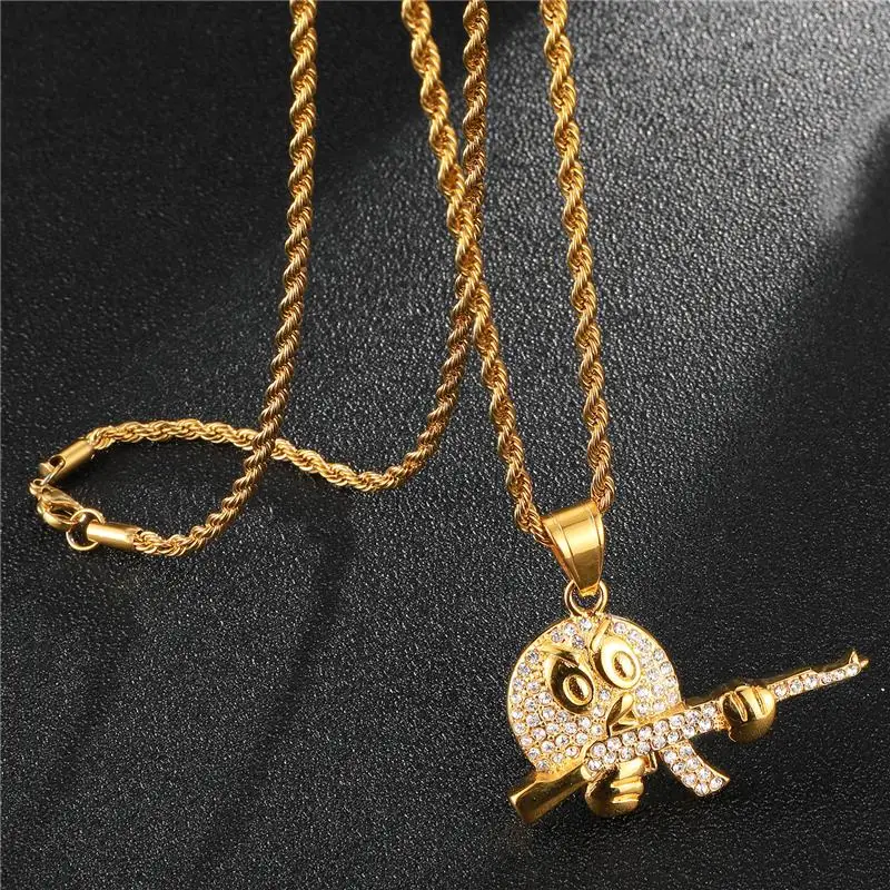 

HIP Hop Stainless Steel Full Rhinestone Gun Pendant Necklaces Bling Gold Color Iced Out Necklace for Men Jewelry Dropshipping