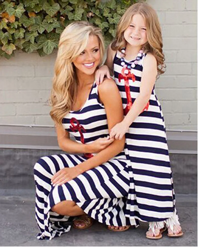 2015 summer style Navy striped mother daughter dresses Sequin Anchor sleeveless long dresses fashion Polyester family look clothes
