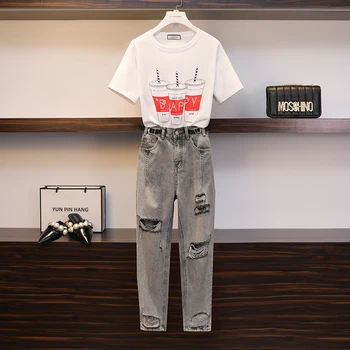 

L-4XL Large Size Women's Sets New Summer Fashion Printing Short Sleeve Tshirts + Hole Long Denim Pants Students Suits